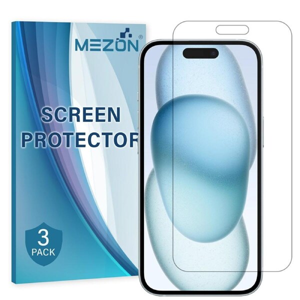 [3 Pack] Apple iPhone 15 (6.1") Ultra Clear Screen Protector Film by MEZON – Case Friendly, Shock Absorption (iPhone 15, Clear)