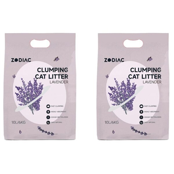 2x Zodiac 10L/6kg Clumping Bentonite Clay Cat Litter Natural Absorbent Lavender