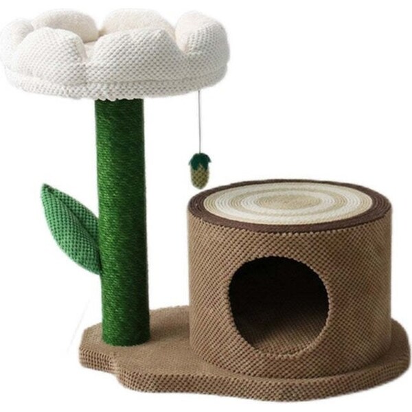 Catio Pet Cat Log Scratcher House w/ White Camelia Scratching Tree Furniture