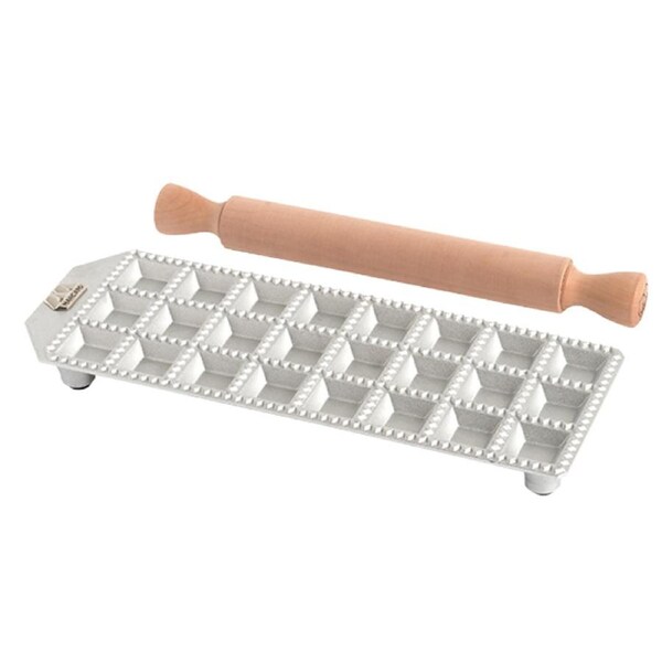 24pc Marcato Ravioli Mould Tray Square 35mm w/ Rolling Pin Pasta/Press/Cutter