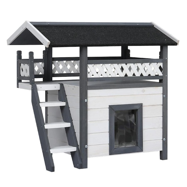 Rabbit Hutch Cat Shelter Outdoor Wooden Small Pet Kennel - Grey and White