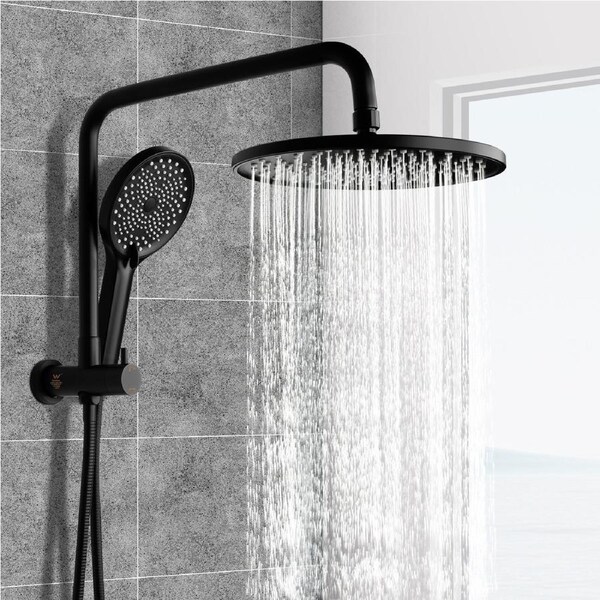 ACA BLACK 10" Round Shower Head Set & 3-MODE Handheld Gooseneck Diverter Wall Arm WELS