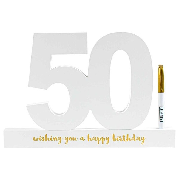 50th White Signature Block Gold Foil Novelty Birthday Message Party Statue