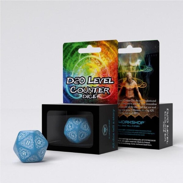 Q Workshop D20 Blue & White Card Game Level Counter