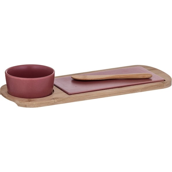 3pc Davis & Waddell Taste Serving Bamboo Bowl/Spreader/Board Dip/Cheese Maroon