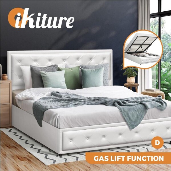 Oikiture Bed Frame Double Size Gas Lift Base With Storage White Leather