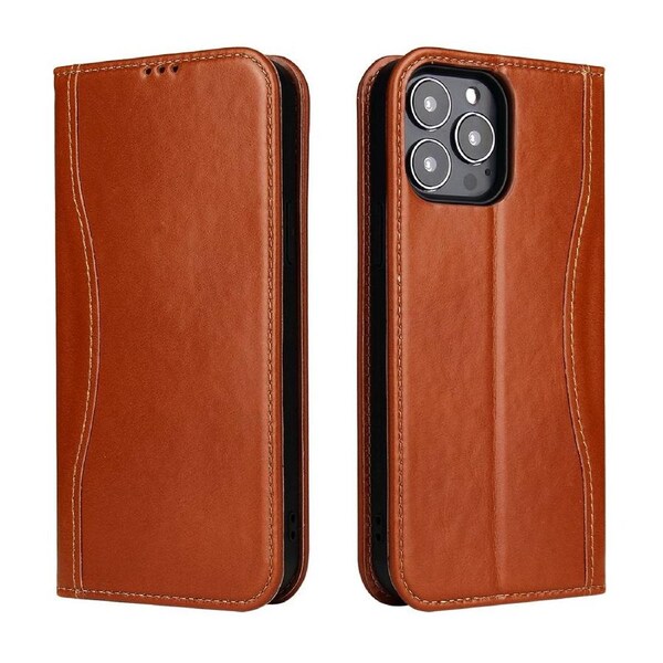 For iPhone 15 Pro Max Case Fierre Shann Genuine Leather Wallet Cover Brown