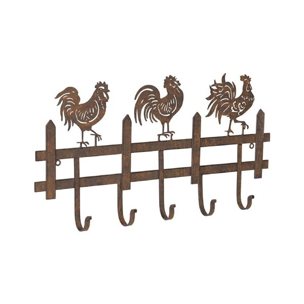 Willow & Silk Metal 56cm Rusty 'Chooks On Fence' 5-Hook Hanger/Organiser