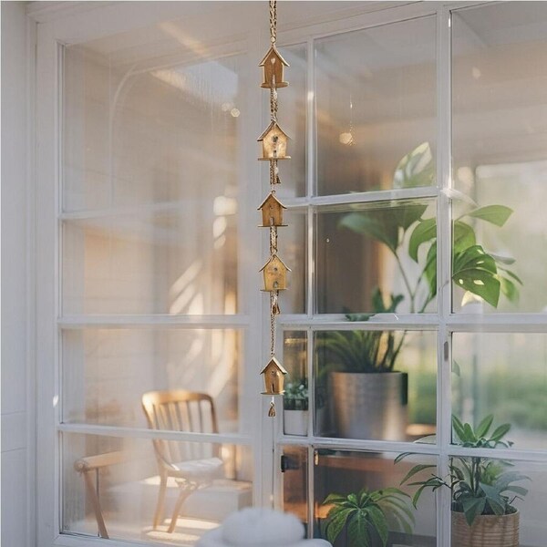 Willow & Silk Hanging 165cm Golden Bird Houses w/Bells Indoor/Garden Decor