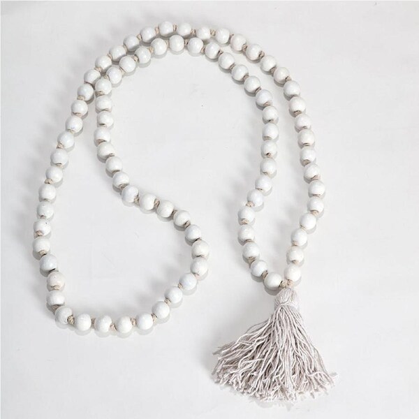 Willow & Silk Handmade 120cm Wooden White Beaded Garland w/Tassel