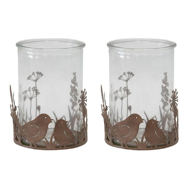 Willow & Silk Set of 2 Metal Glass 10.5cm Rustic Bird Candle Holders