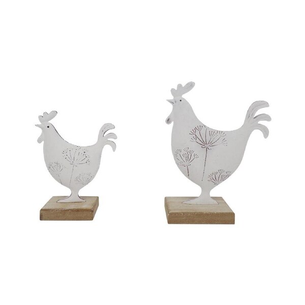 2x Willow & Silk White 19cm/14.5cm Dad & Son Roosters Animal Figurine Statue