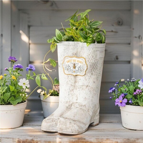 35cm White 'Sweet Bee Honey' Gumboots Pot/Planter