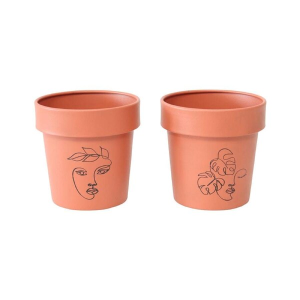 Willow & Silk Line Face Art Pots 13cm Metal Set of 2 Terracotta Planters