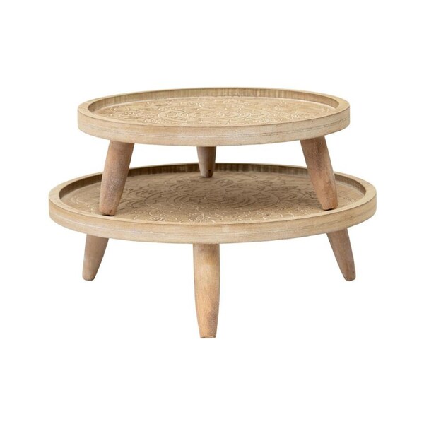 2x Willow & Silk Nested 34/28cm Mandala Carved Tea Serving Trays w/Tripod Legs