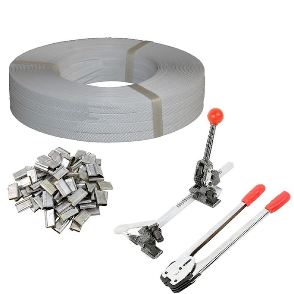 120M Light Duty Plastic Strap for Carton Box Strapping Bundle Packing Wrapping Max Tension 100KG Handy in Small Rolls with Tensioner & Crimper &160 Clips