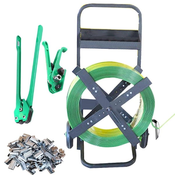 5 in 1 Tool Set 1.2KM Heavy Duty PEP/PP Strap + 1K Clips + Tools + Trolley for Carton Box Bundle Binding Strapping Machine Packing Equipment Wrapping Device