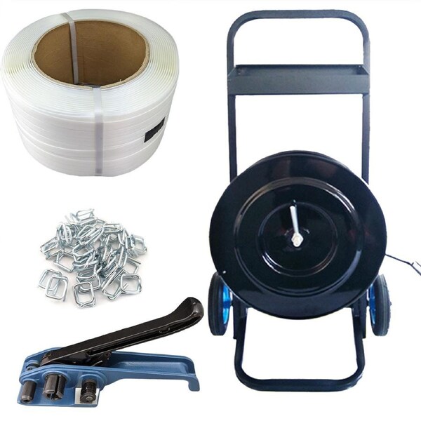 4in1 Strapping Kit: 1 Roll/500M Super Heavy Duty PE Soft Strap + 200pcs clips + Tensioner + Trolley for Cargo Strapping Logistics Packing Warehouse Packaging Pallet Wrapping Max Tension 800KG