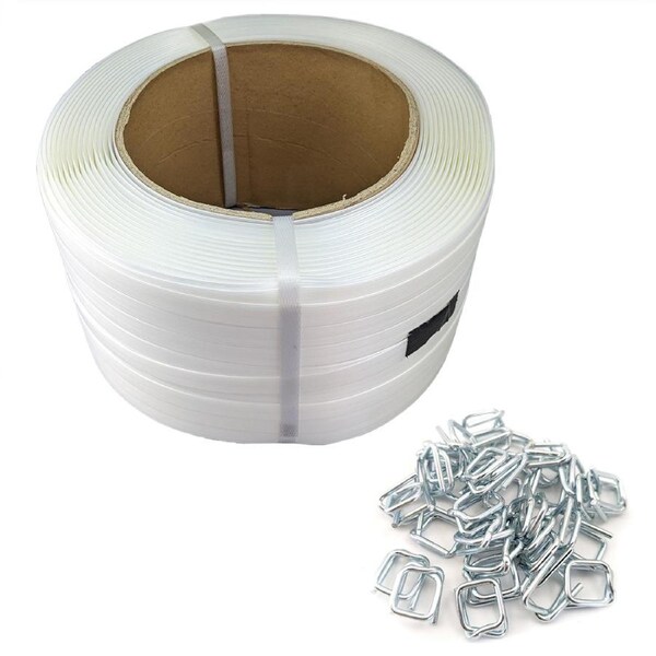 1 Roll/500M Super Heavy Duty PE Soft Strap & 200pcs clips for Cargo Strapping Logistics Packing Warehouse Packaging Pallet Wrapping Bundle Binding Width 19mm Max Tension 800KG
