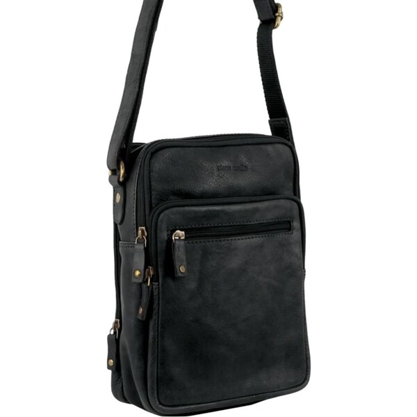 Pierre Cardin Rustic Leather Tablet Bag Cross Body Messenger - Black