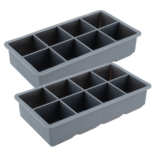 Ozoffer 2x 8 Slot Large Cube Ice Mould Maker Tray - 21cm x 11.3cm x 4.8cm - Silicone - Grey