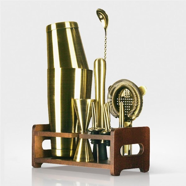 ACA 10Pcs Stainless Steel Cocktail Shaker Set Barware Kit With Wooden Rack Bronze Plated Halloween Gift Delivery