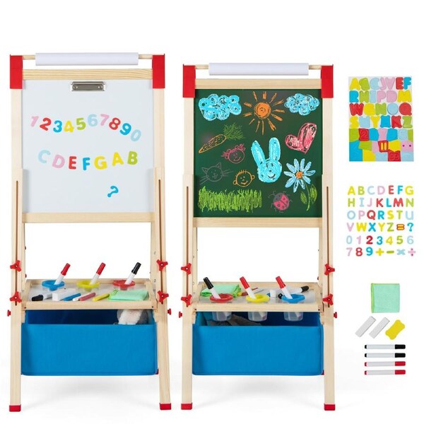 Costway 3-In-1 Art Easel Wooden Adjustable Height Chalkboard Whiteboard w/Paper Roll Painting