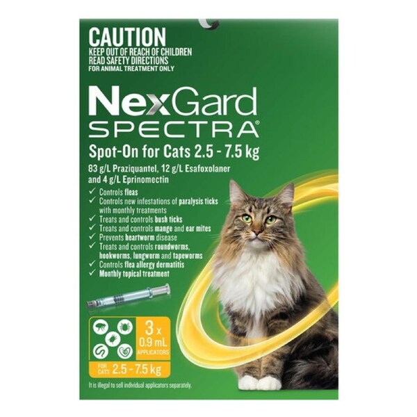 Nexgard Spectra for Large Cats 2.5 to 7.5 Kg (Yellow) 3 Pipettes