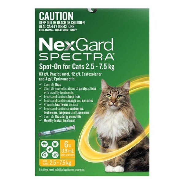Nexgard Spectra for Large Cats 2.5 to 7.5 Kg (Yellow) 6 Pipettes