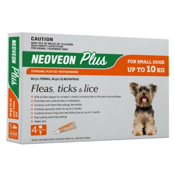 Neoveon Plus Orange 4 Pack for Dogs Up to 10kg Flea Control Treatment