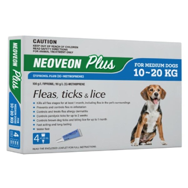 Neoveon Plus Blue 4 Pack for Dogs 10kg to 20kg Flea Control Treatment
