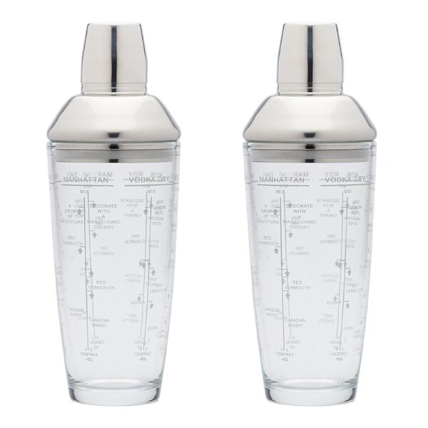 2x Barcraft 700ml Glass Cocktail/Martini/Drink Shaker w/Recipe Markings Barware