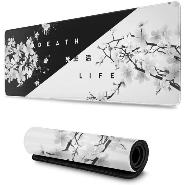 Black and White Cherry Blossom Gaming Mouse Pad XL, Extended Large Mouse Mat Desk Pad, Stitched Edges Mousepad, Long Nonslip Rubber Base Mice Pad, 31.5 X 11.8 Inch