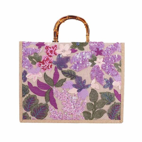 Nevenka Handbag Bamboo Tote Sequin Straw Woven Bag for Womens-Purple