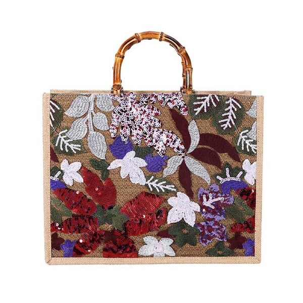 Nevenka Handbag Bamboo Tote Sequin Straw Woven Bag for Womens-WineRed