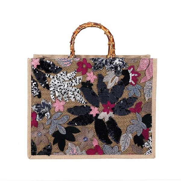 Nevenka Handbag Bamboo Tote Sequin Straw Woven Bag for Womens-Black