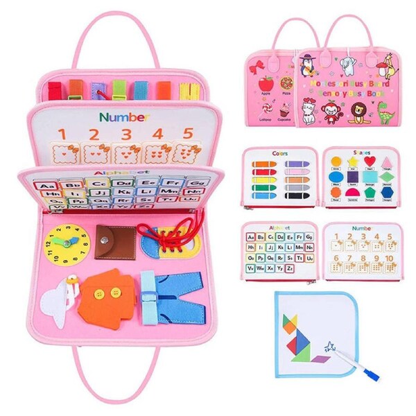Nevenka Busy Board Educational Sensory Toys Toddler for 3-6 Year Old Boys Girls-Pink
