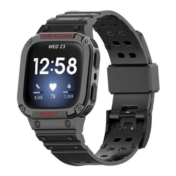 Catzon Watch Band with Protective Frame Uni-body Shockproof TPU Strap For Fitbit Versa 2/3 Versa Lite/Sense-Black