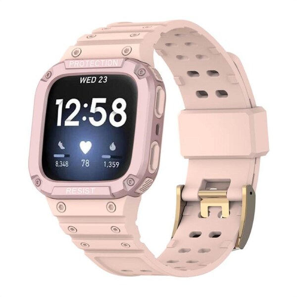Catzon Watch Band with Protective Frame Uni-body Shockproof TPU Strap For Fitbit Versa 2/3 Versa Lite/Sense-Pink