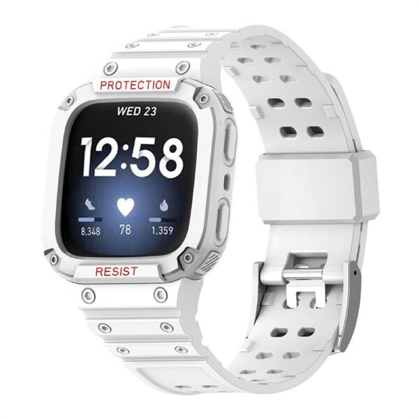 Catzon Watch Band with Protective Frame Uni-body Shockproof TPU Strap For Fitbit Versa 2/3 Versa Lite/Sense-White