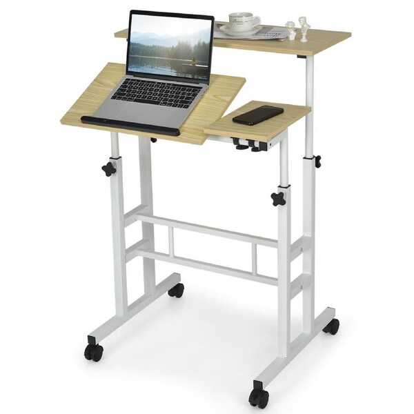 Giantex Mobile Stand Desk Small Laptop Table Height Adjustable Workstation Home Office Desk Natural