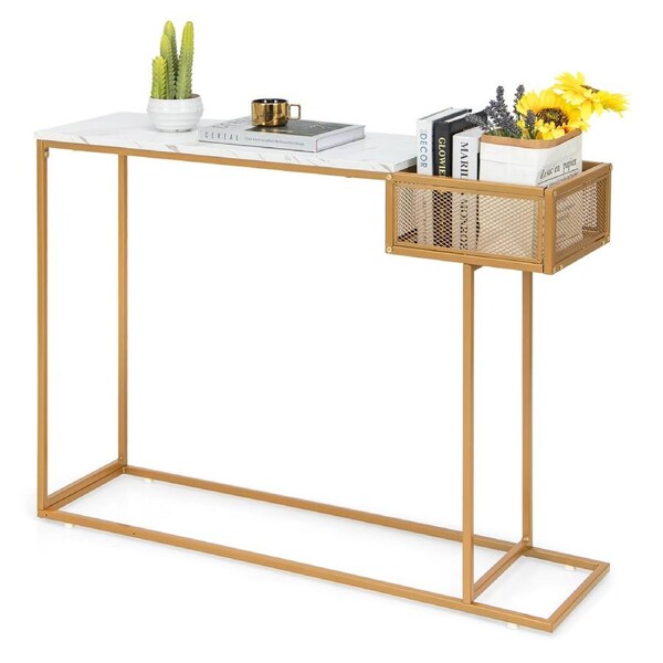 Giantex Modern Console Table Hallway Table Entryway Display Table Faux Marble Tabletop w/Storage Basket Golden