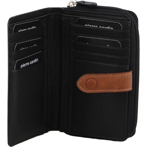 Pierre Cardin Womens Leather Bi-Fold Wallet Purse Zip Around - Black