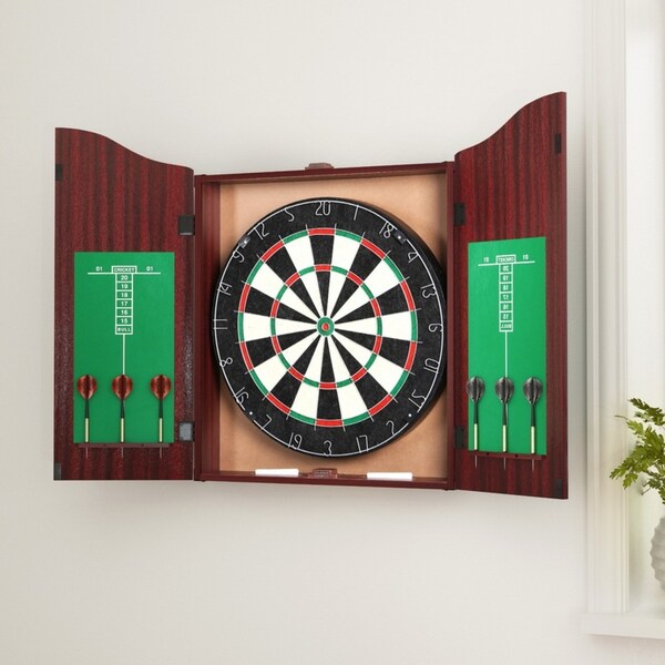 18" Dartboard Dart Board with Steel Darts Wooden Cabinet Party Game
