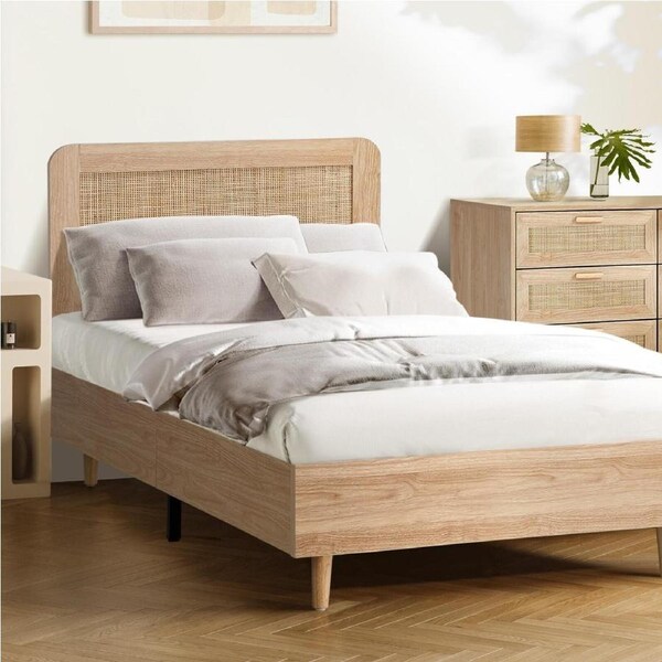 Oikiture Bed Frame King Single Size Wooden Bed Frame Rattan Headboard