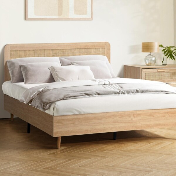 Oikiture Bed Frame Queen Size Wooden Bed Frame Rattan Headboard