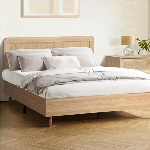 Oikiture Bed Frame Double Size Wooden Bed Frame Rattan Headboard
