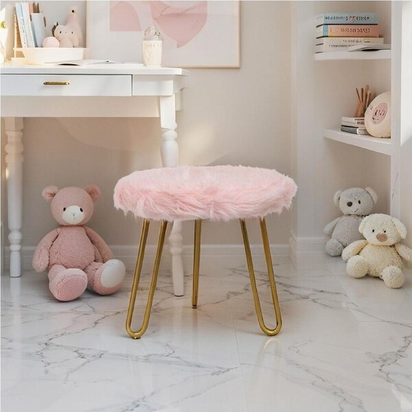 3-Golden Legged 30cm Stool w/ Pink Faux Fur