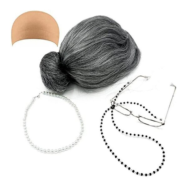 Grandma Old Lady Costume Set Granny Wig The 100 Days Of School - 4pcs
