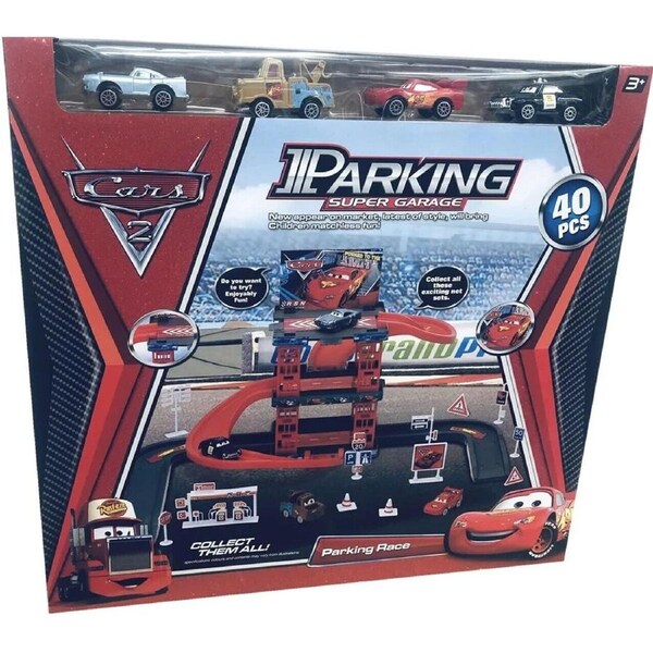 Disney Pixar Cars 2 Parking Super Garage 36 Pieces and 4 Cars Lightning Mcqueen